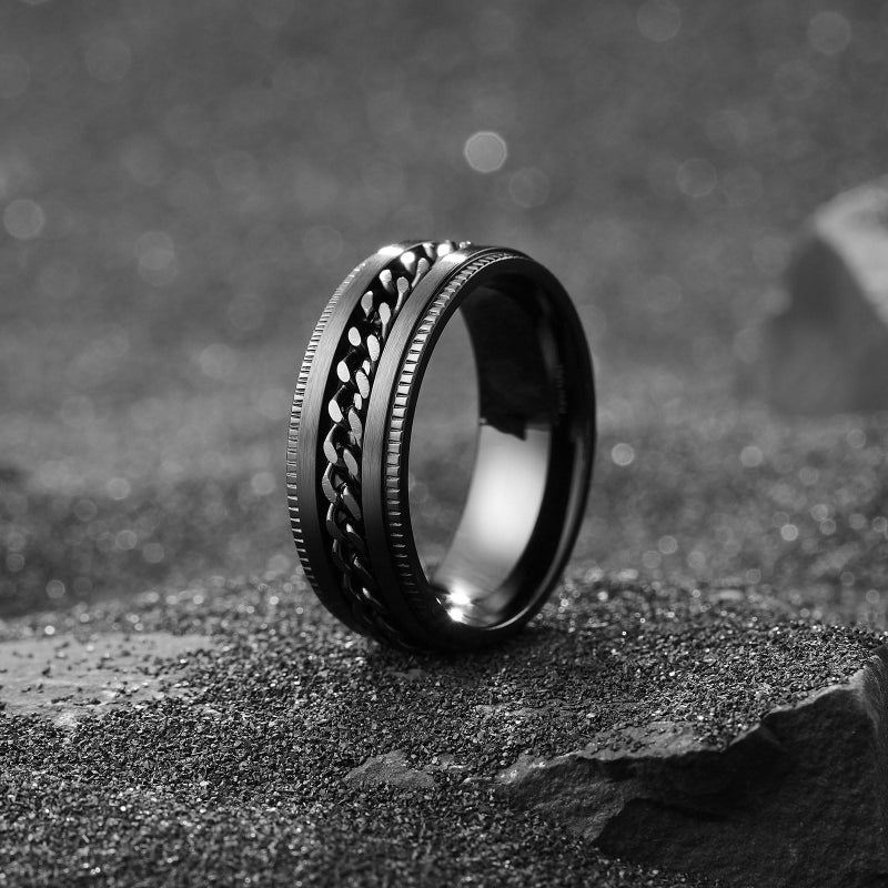 King Will 316L Stainless Steel Fidget Ring for Men Women-8mm Width Black Chain Spinner Ring, Durable Wedding Band with Stress Relief Comfort Fit Fidget Spinner Men's Jewelry Size 10 - Image 2